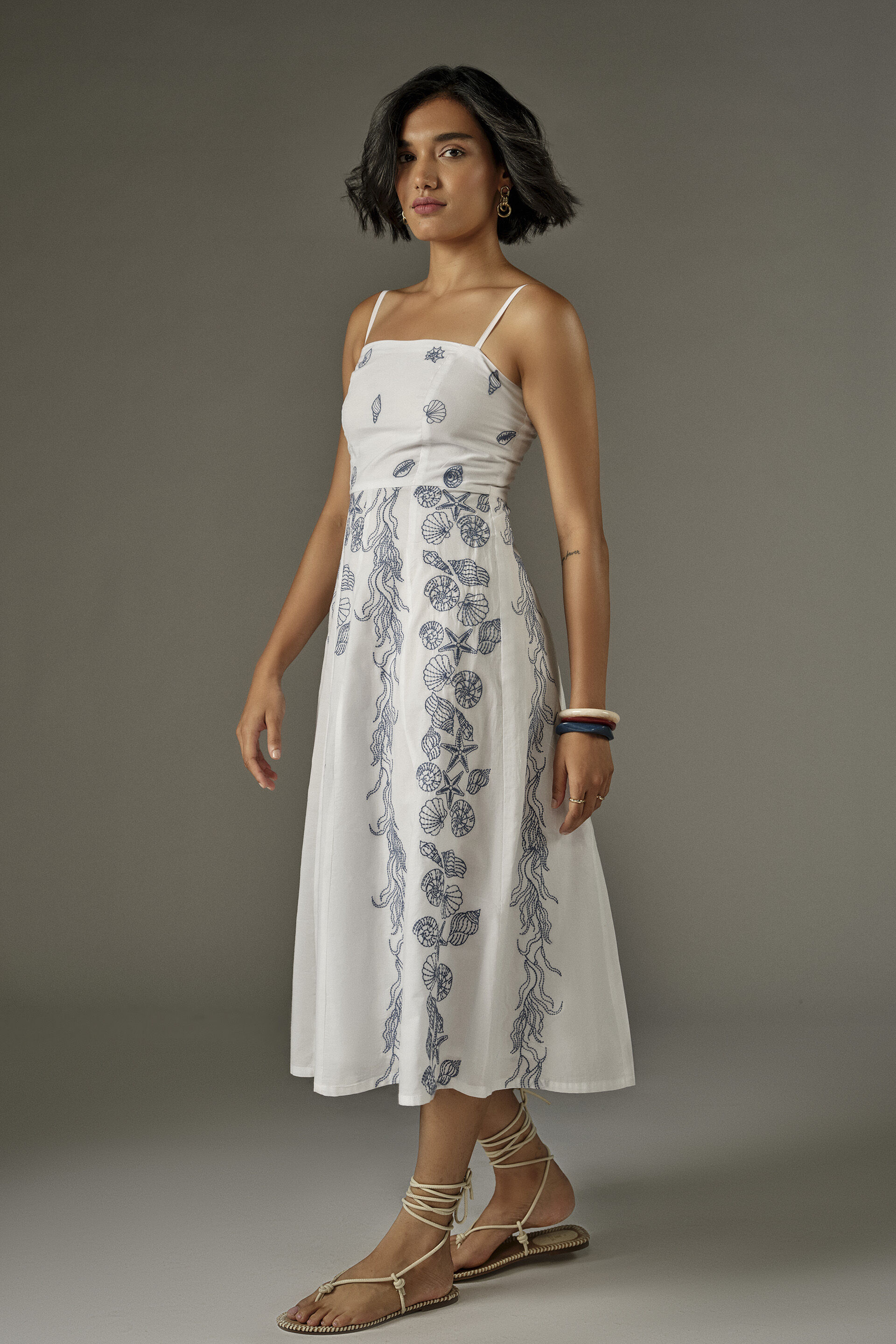 Bandeau Embroidered Cotton Summer Dress in White, White, image 3